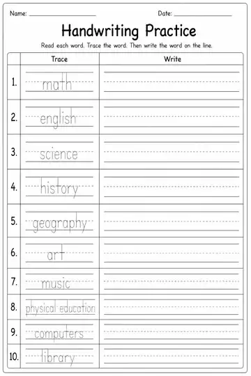 Subjects printable worksheet preview